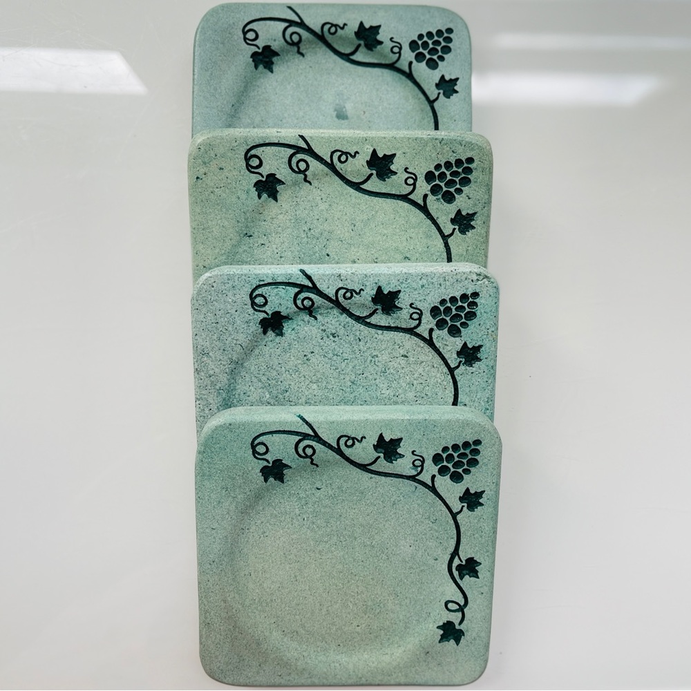 ARTISANAL STONE COASTERS W BEAUTIFUL CARVED INLAY DESIGN. SET OF 4.  NWOT.
